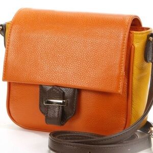 B Collective Hailey leather colorblock crossbody bag. Orange/Brown/Yellow